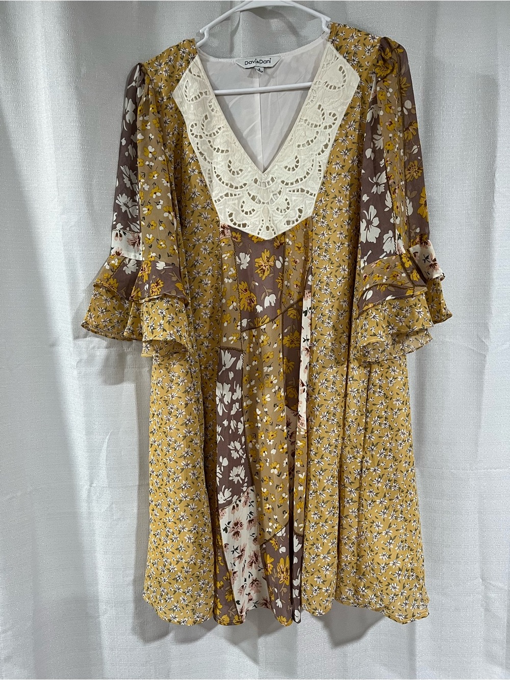 DAVI & DANI Mustard and Brown Floral Midi Dress with Cream Lace V-Neck